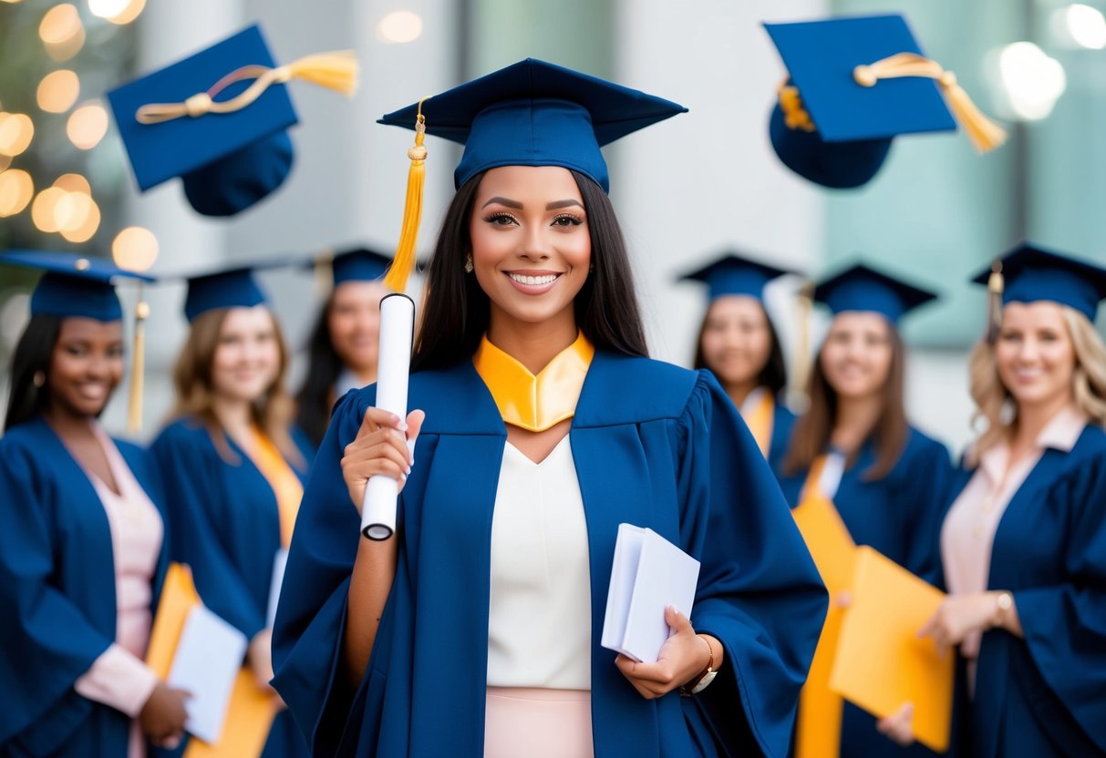 A woman in a graduation cap and gown, standing confidently with a diploma in hand, surrounded by symbols of independence and success