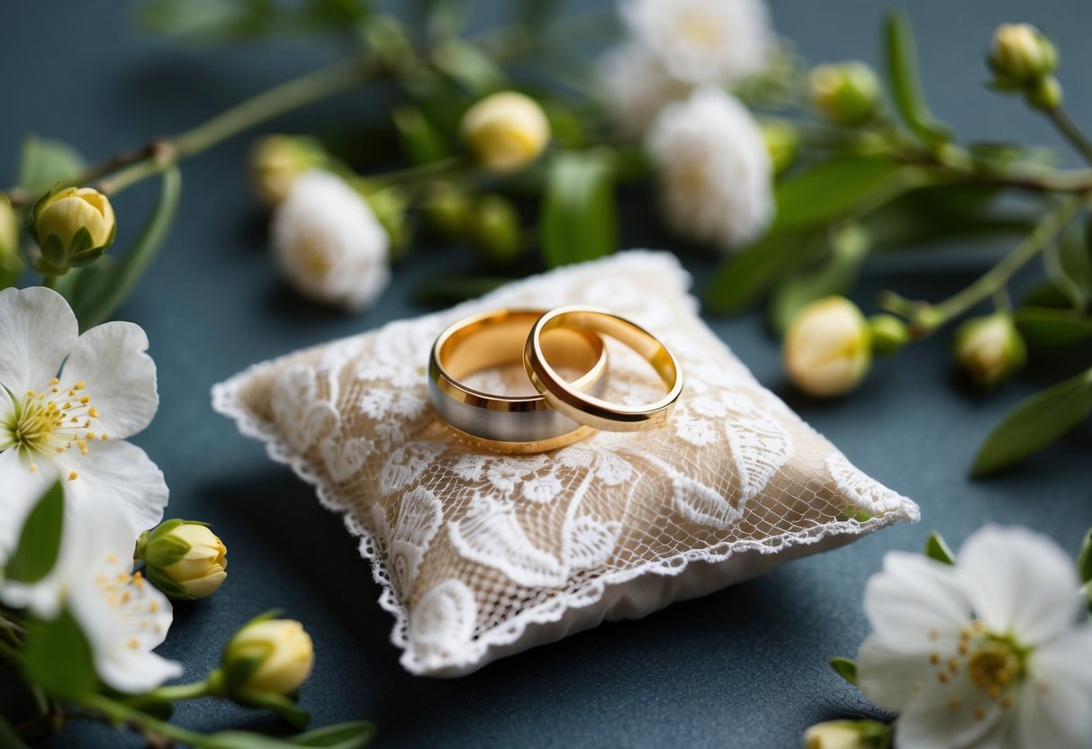 A pair of gold wedding rings resting on a delicate lace pillow, surrounded by fresh blossoms and greenery