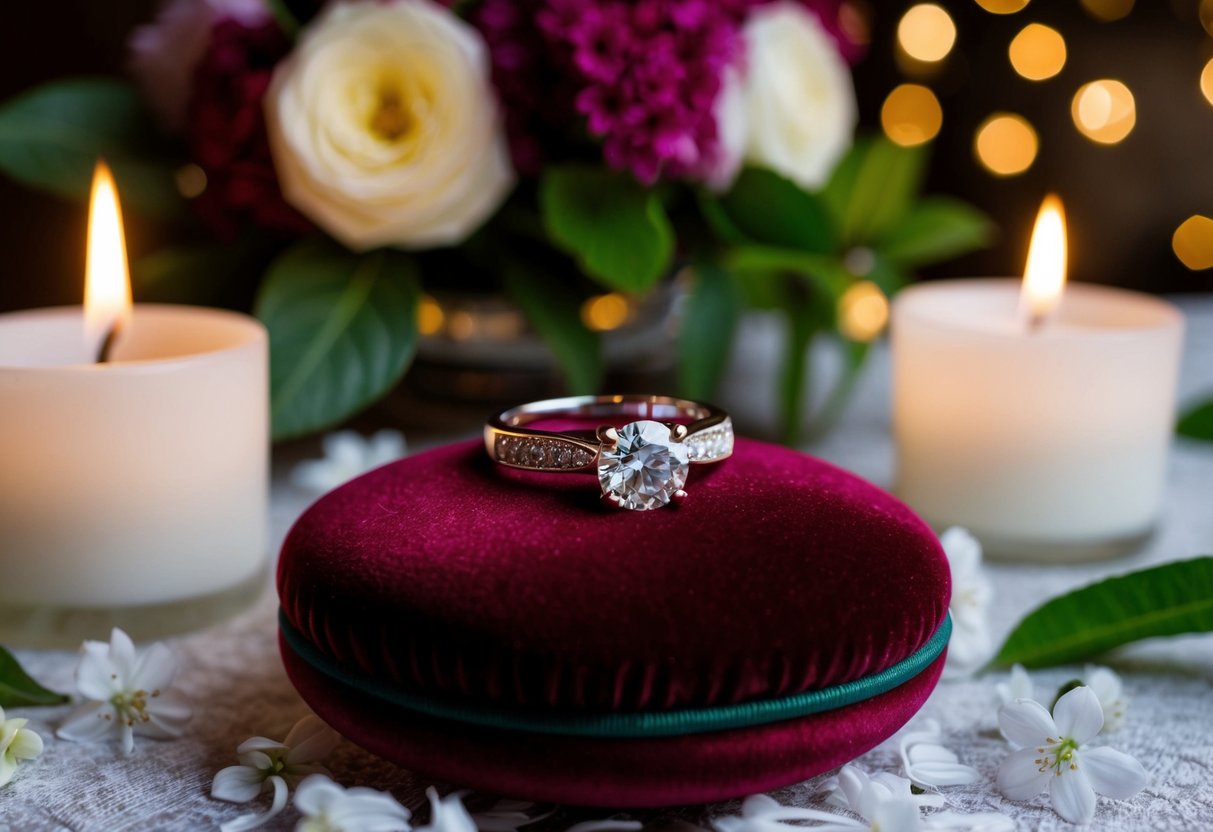 A wedding ring placed on a velvet cushion, surrounded by flowers and candles