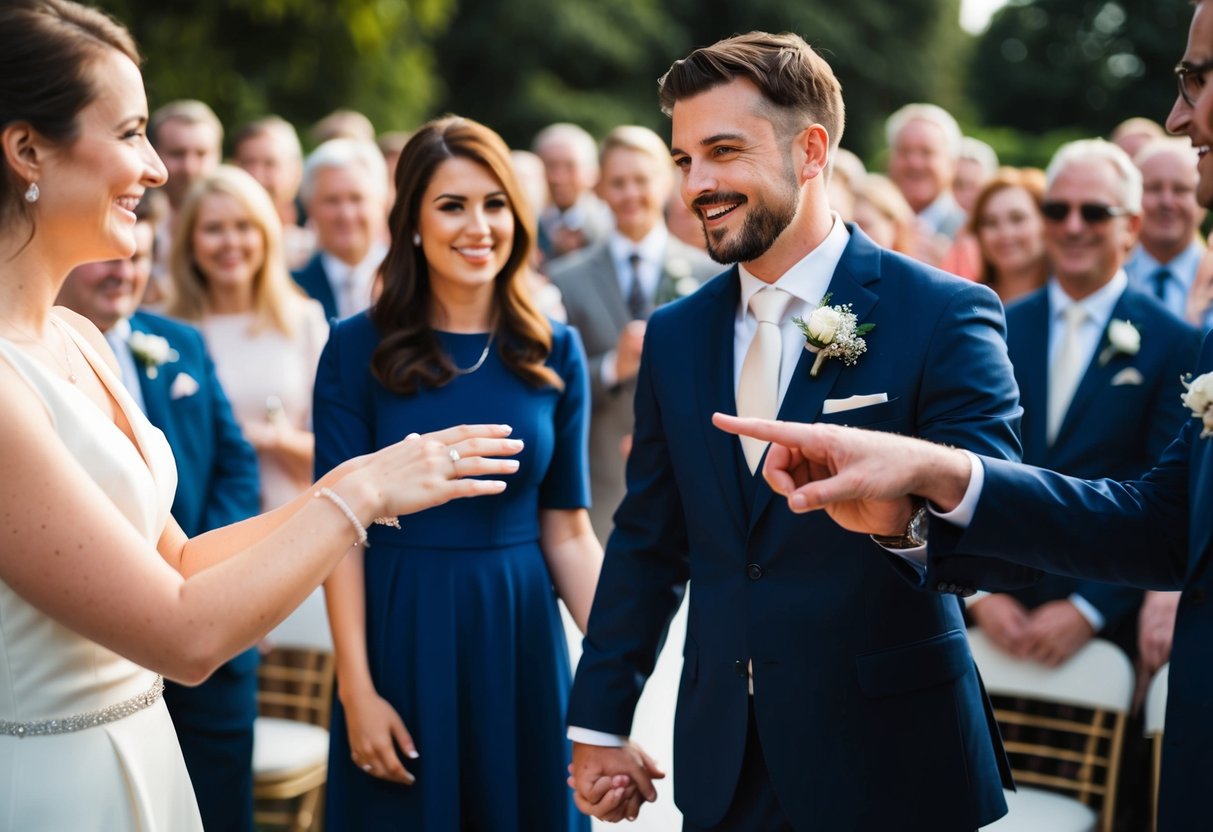 A couple standing in front of a crowd, holding hands, with a wedding ring on display. They smile and gesture towards each other, announcing their marriage
