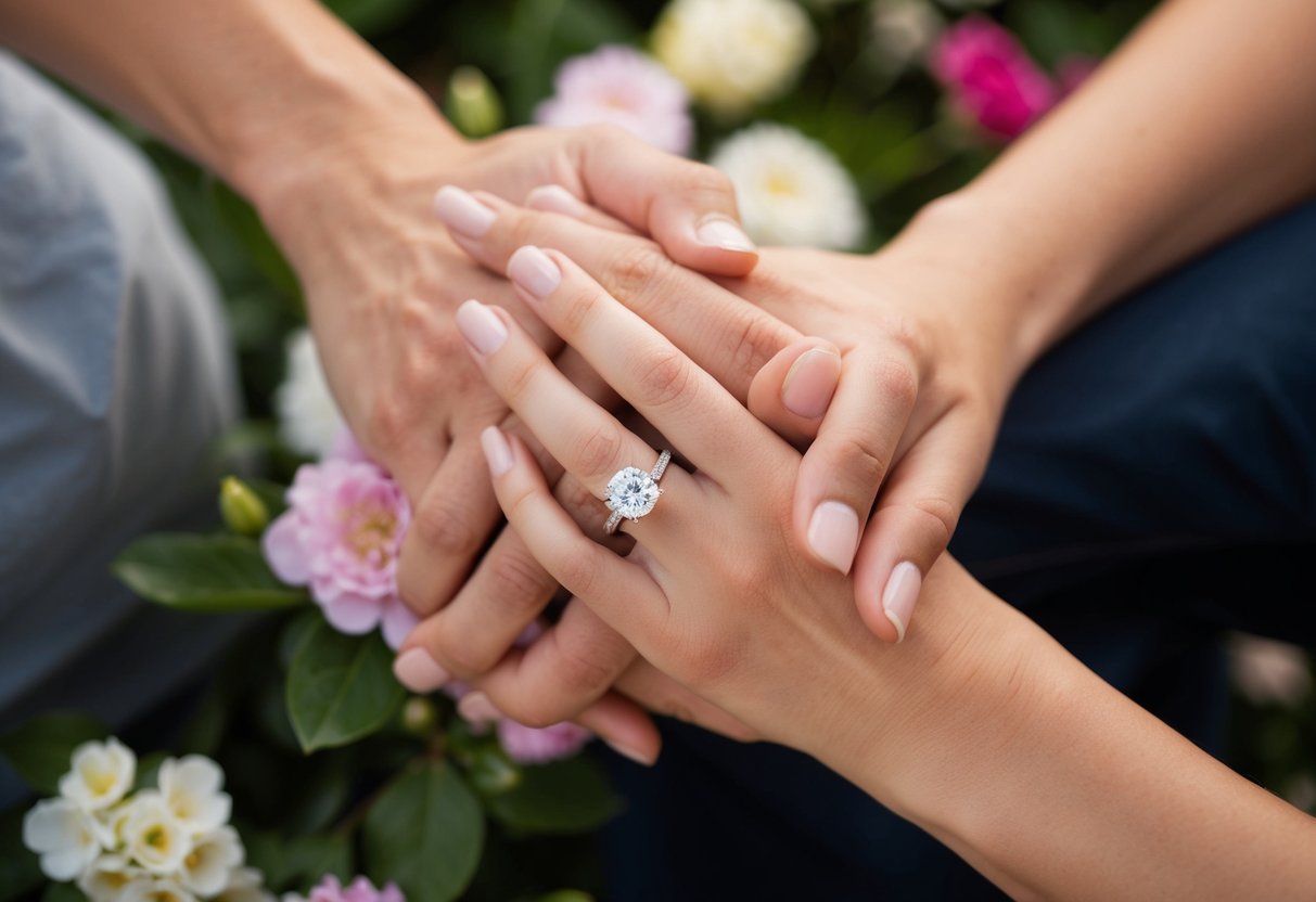 A couple's hands clasping together, surrounded by blooming flowers and a sparkling ring