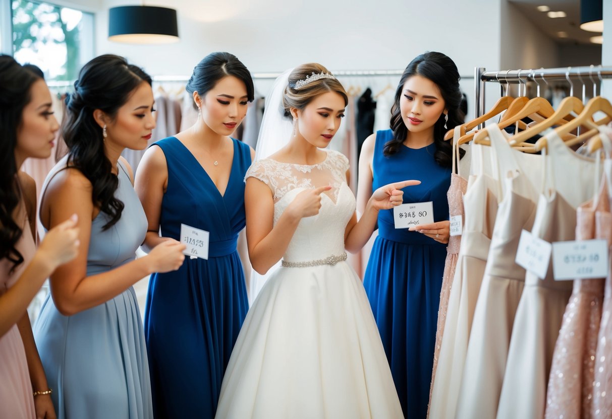 A bride surrounded by bridesmaids, pointing at a rack of dresses in a boutique, while they look at the price tags with concerned expressions