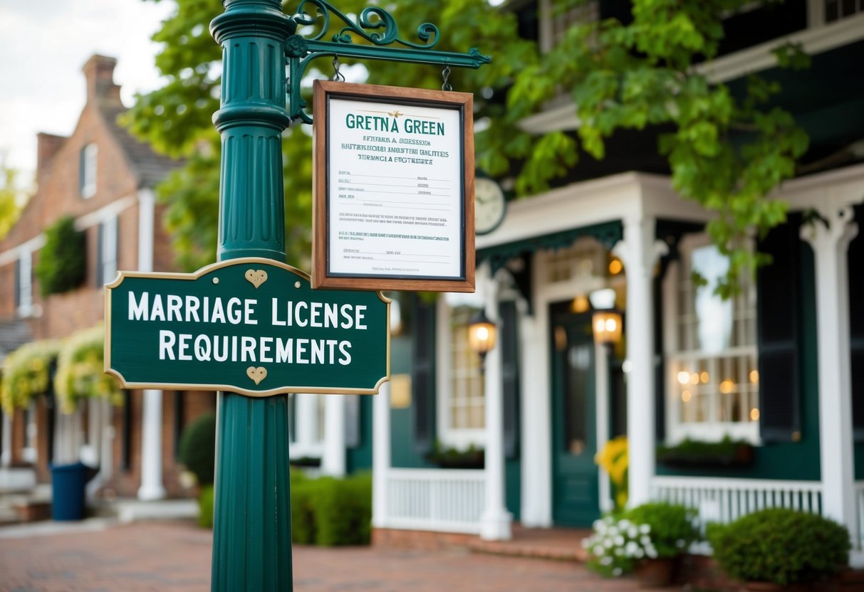 A quaint, historic Gretna Green building with a sign displaying marriage license requirements