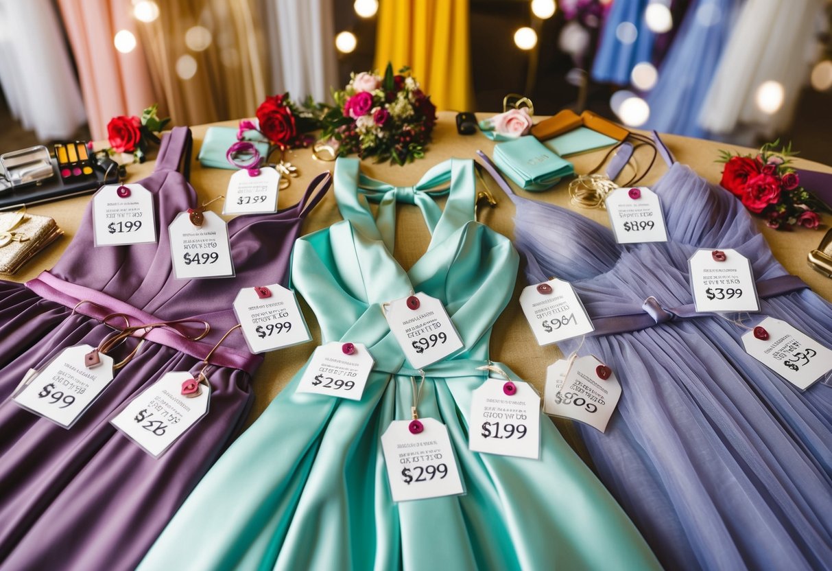 Bridesmaid dresses displayed with price tags, surrounded by accessories and cost-saving tips