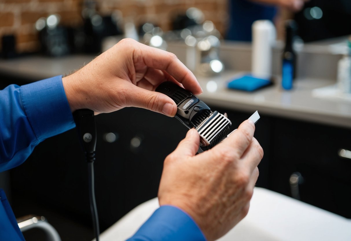 A barber's hand adjusts a clipper guard to size 7, ready to trim hair