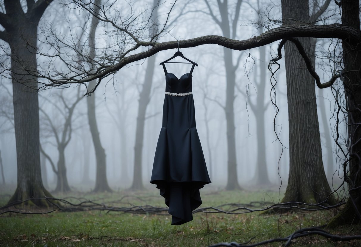A lone black wedding dress hangs from a bare tree branch in a misty forest clearing, surrounded by dark, twisted vines