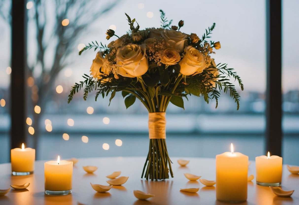 A solitary wedding bouquet stands alone on a table, surrounded by scattered petals and soft candlelight