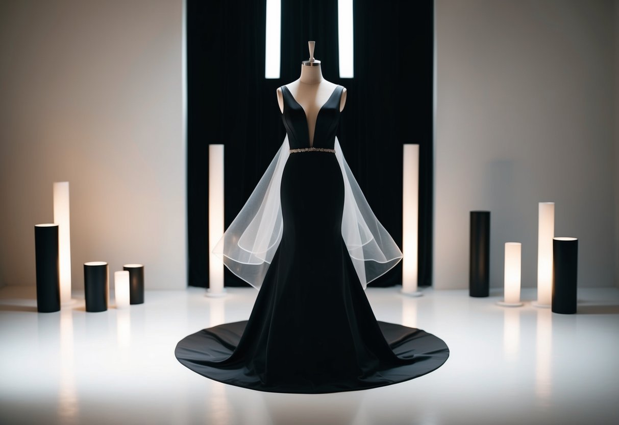 A sleek black wedding dress on a mannequin, surrounded by modern minimalist decor and dramatic lighting