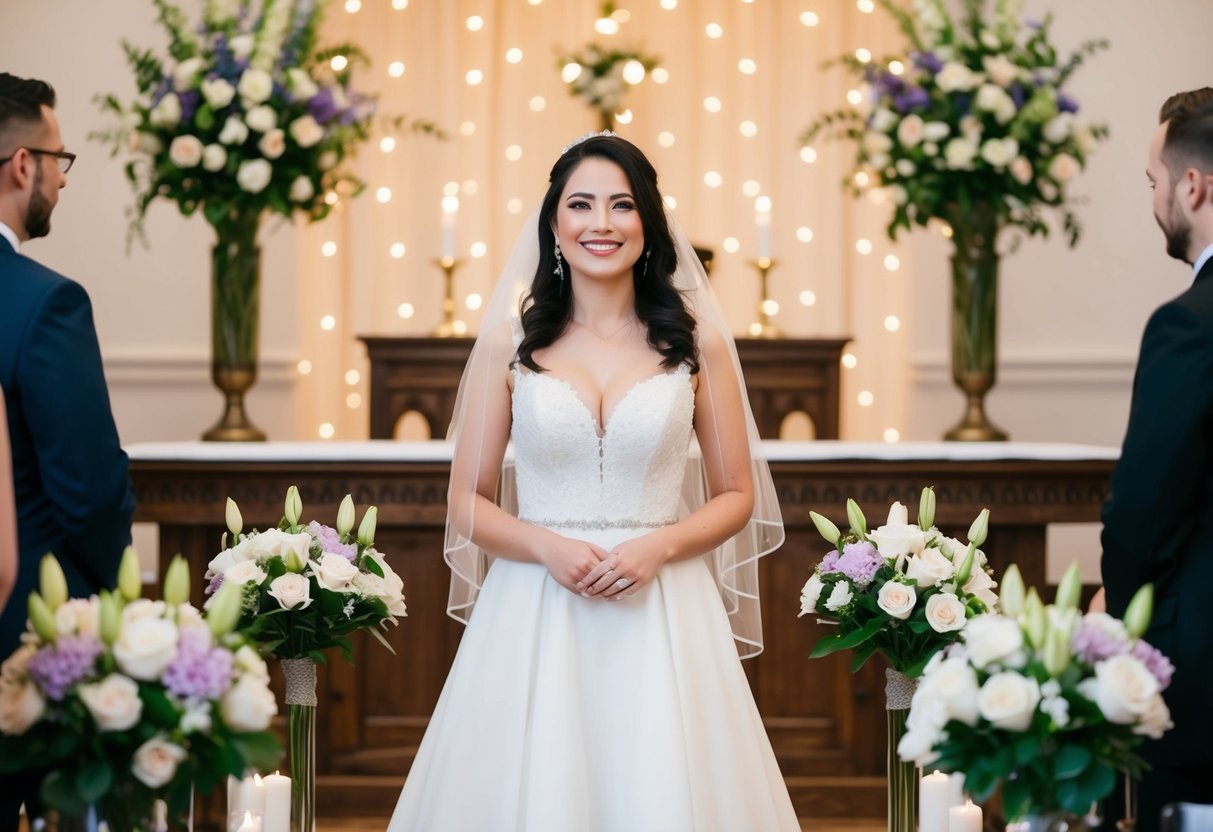 A bride standing alone at the altar, surrounded by blooming flowers and twinkling lights, radiating confidence and joy
