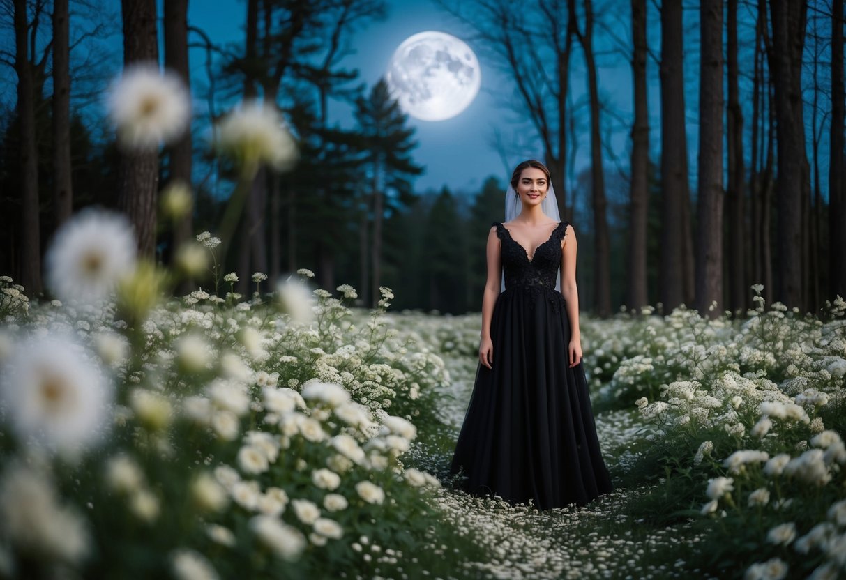 A bride in a black wedding dress standing alone in a moonlit forest, surrounded by white flowers and a sense of mystery and elegance