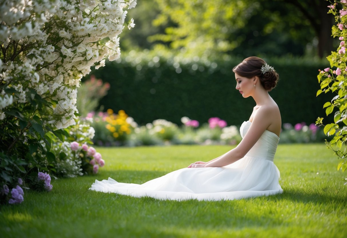 A solitary figure sits in a garden, surrounded by blooming flowers and a tranquil atmosphere, contemplating the decision of having no bridesmaids