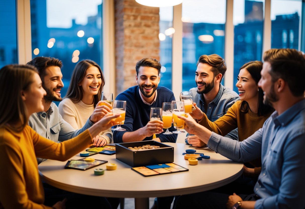 A group of friends sitting around a table, laughing and toasting with drinks. Some are playing games, while others are chatting and enjoying each other's company