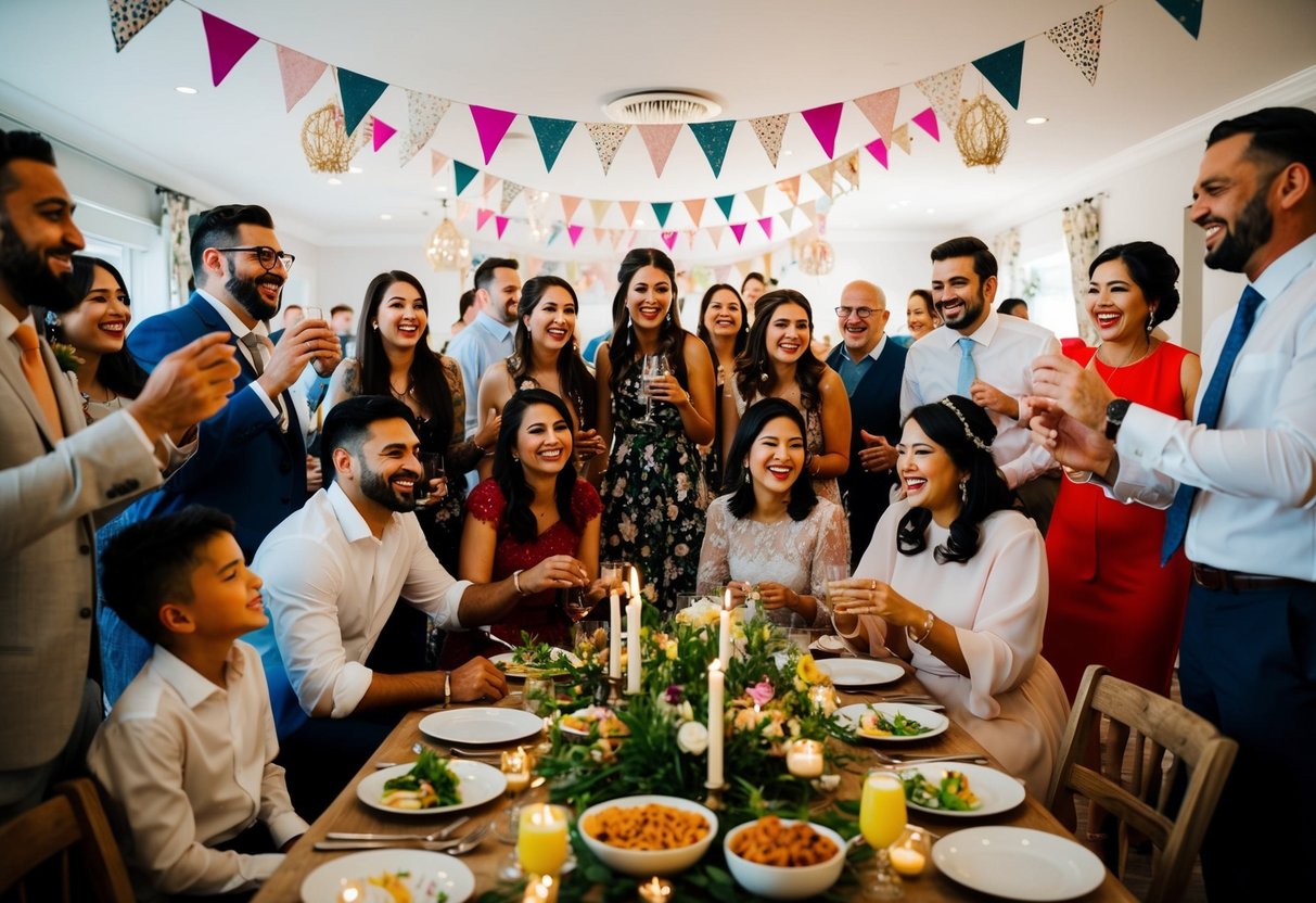 A group of friends and family gather for a pre-wedding celebration, with decorations, music, and food. The atmosphere is lively and joyful, with everyone enjoying the festivities