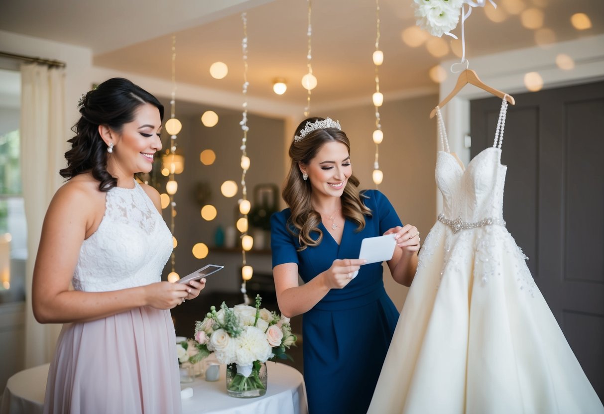 A maid of honor paying for wedding dress alterations and arranging bridal shower decorations
