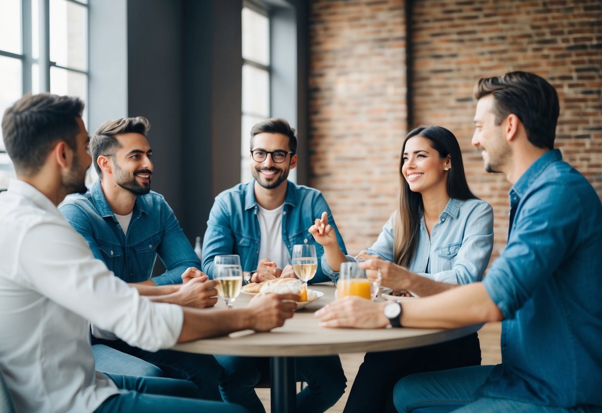 A group of friends sitting around a table, having a relaxed and casual conversation, with one person gesturing to emphasize a point