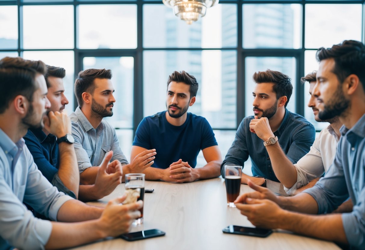 A group of friends sitting around a table, discussing and weighing the pros and cons of having a bachelor party. Some are nodding in agreement, while others are deep in thought