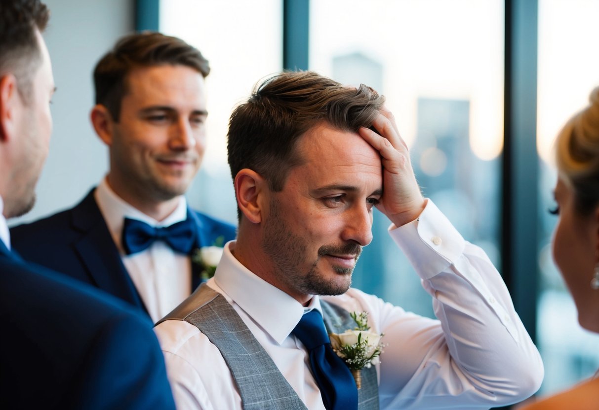 A man declines a groomsman offer, shaking his head