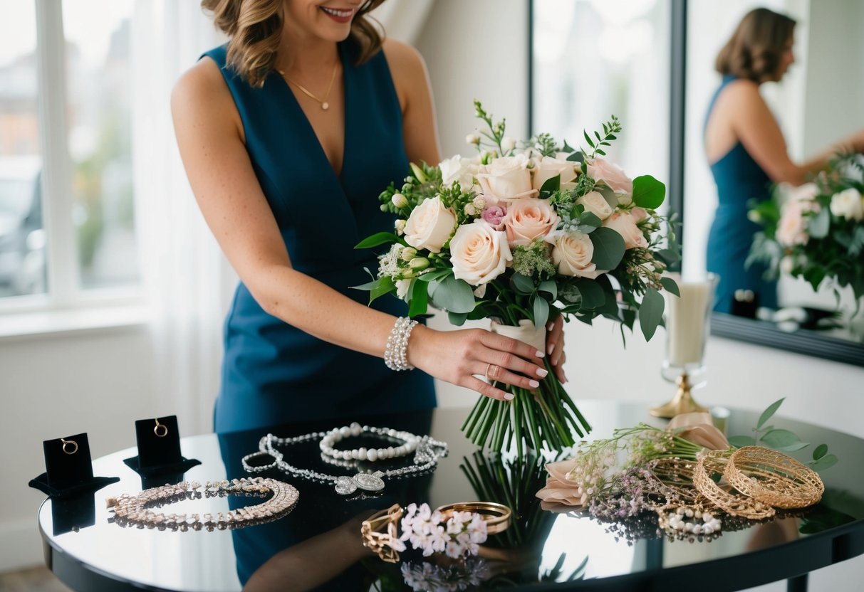 A stylist arranges a bouquet of flowers and places it on a table next to a selection of jewelry and hair accessories for a wedding