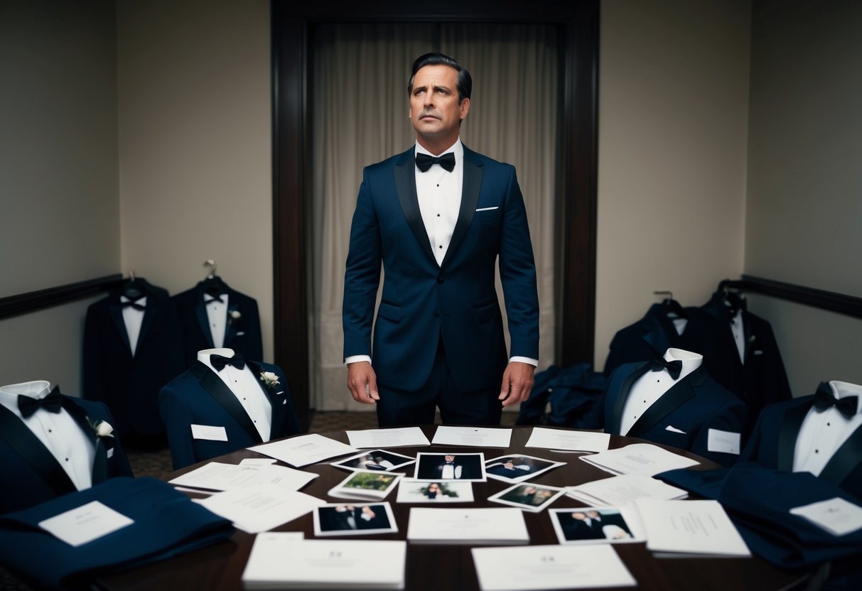 A man stands alone in a dimly lit room, surrounded by scattered tuxedos and a table filled with wedding invitations and photographs. He looks contemplative, with a mix of uncertainty and determination on his face