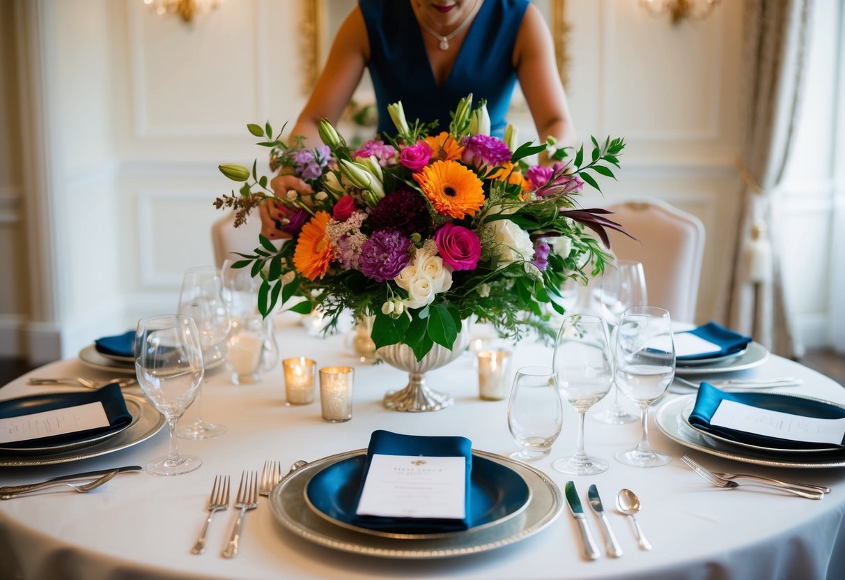 A stylist arranges a bouquet of vibrant flowers on a elegantly set table with fine linens and gleaming silverware for a wedding celebration