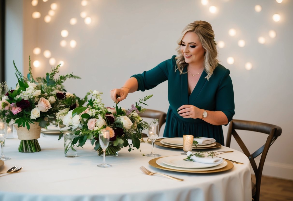A stylist arranges flowers, adjusts table settings, and adds finishing touches to create a cohesive look for a wedding