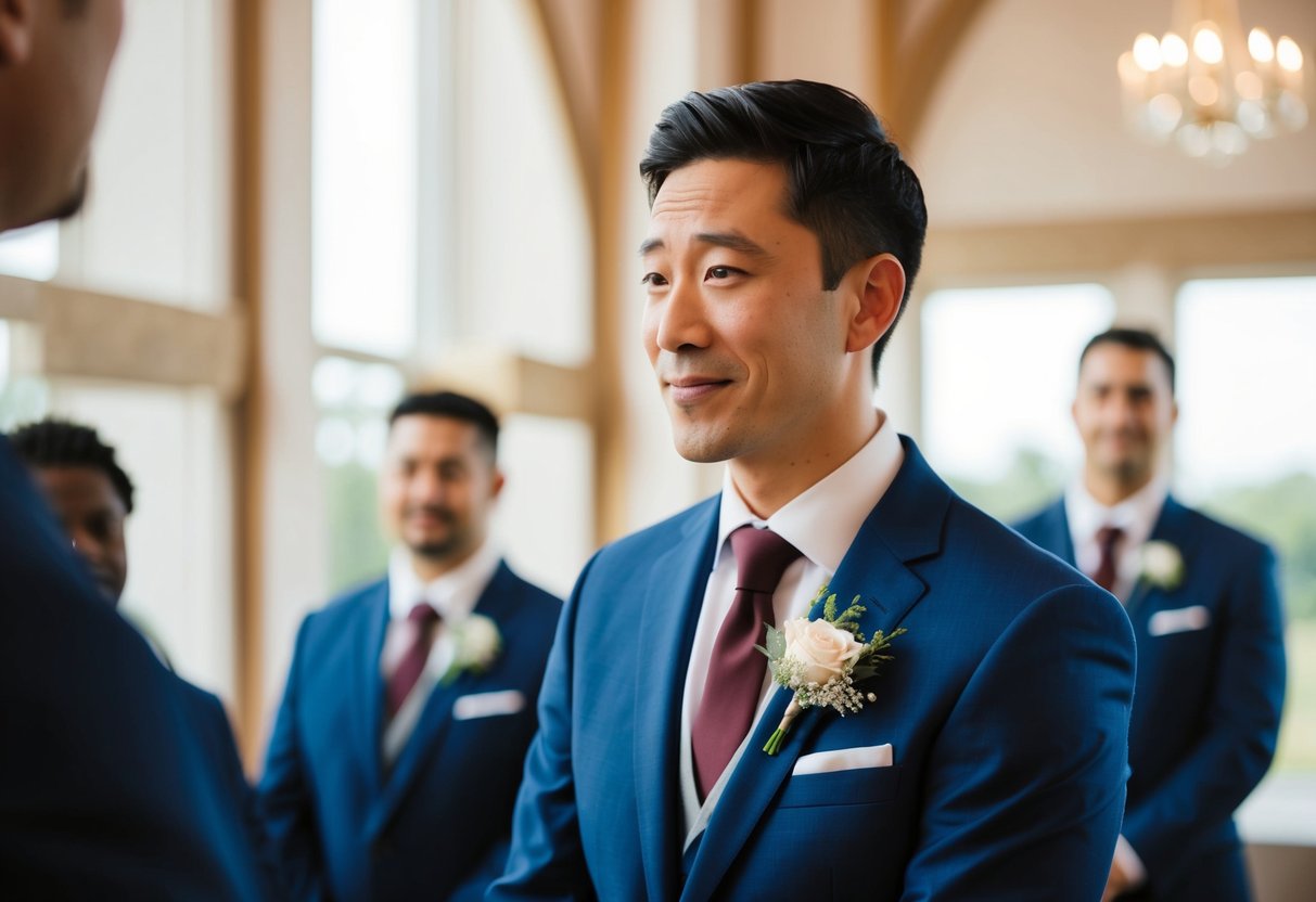 A man declining a groomsman offer, with a thoughtful expression