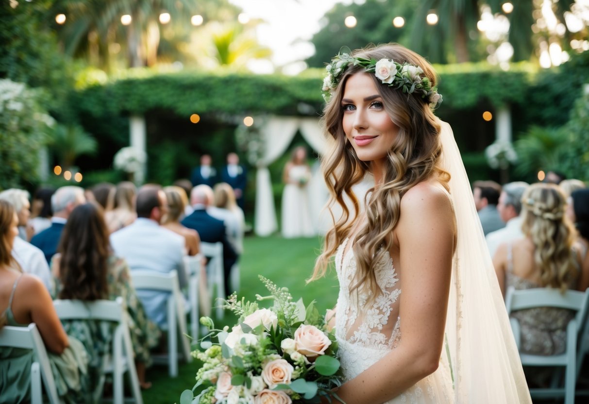 A lush garden wedding venue with a romantic, bohemian theme. A bride with flowing, loose curls wearing a flower crown