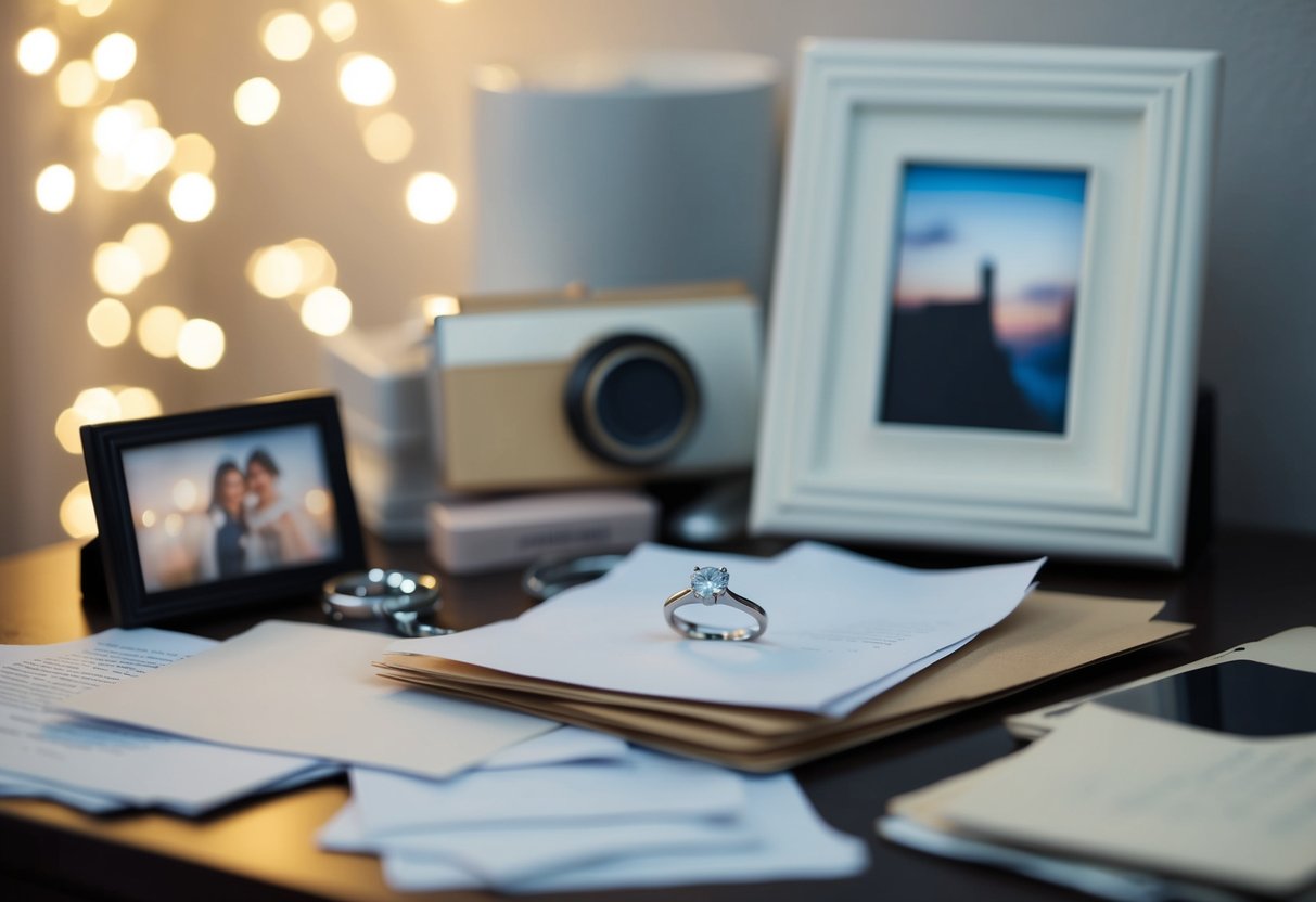 A cluttered nightstand with a wedding ring sitting untouched amidst scattered papers and a neglected photo frame