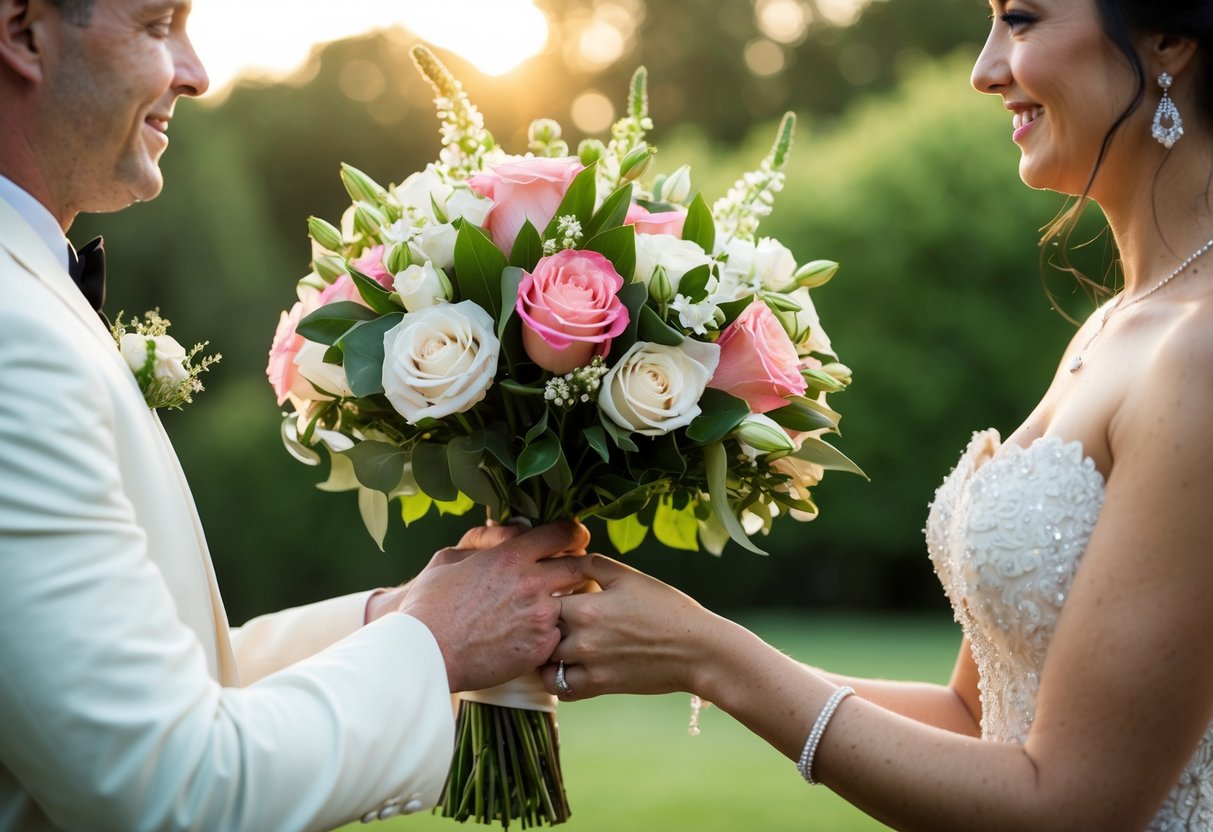 A bouquet of flowers being presented to a bride
