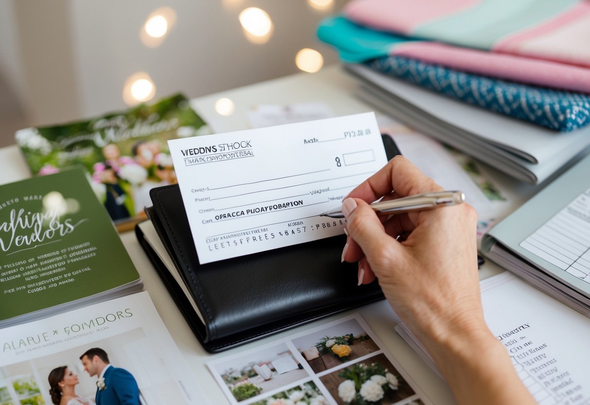 A woman's hand holding a checkbook, surrounded by wedding magazines, fabric swatches, and a list of vendors