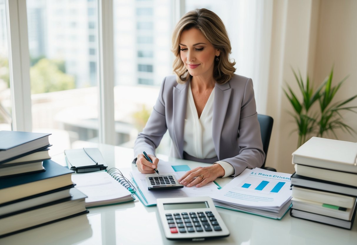 A mother sitting at a desk, surrounded by wedding planning books and financial documents, calculating expenses and making payment plans