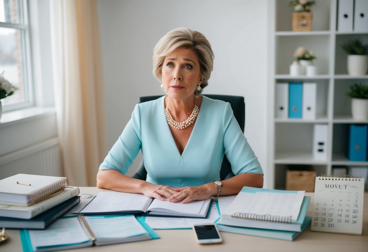 A mother of the bride sitting at a desk, surrounded by wedding planning books, budget spreadsheets, and a calendar, with a concerned expression on her face