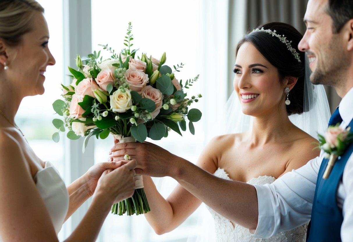 A bouquet of flowers being presented to a bride, with a smile and a nod of approval from the giver