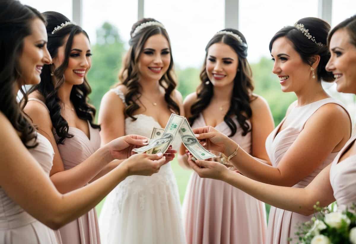 The bride hands over cash to her bridesmaids, symbolizing payment for their roles in the wedding