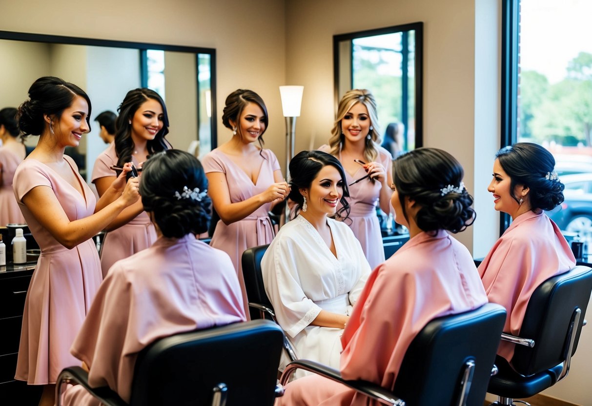 A group of bridesmaids sitting in a salon, getting their hair and makeup done by professional stylists