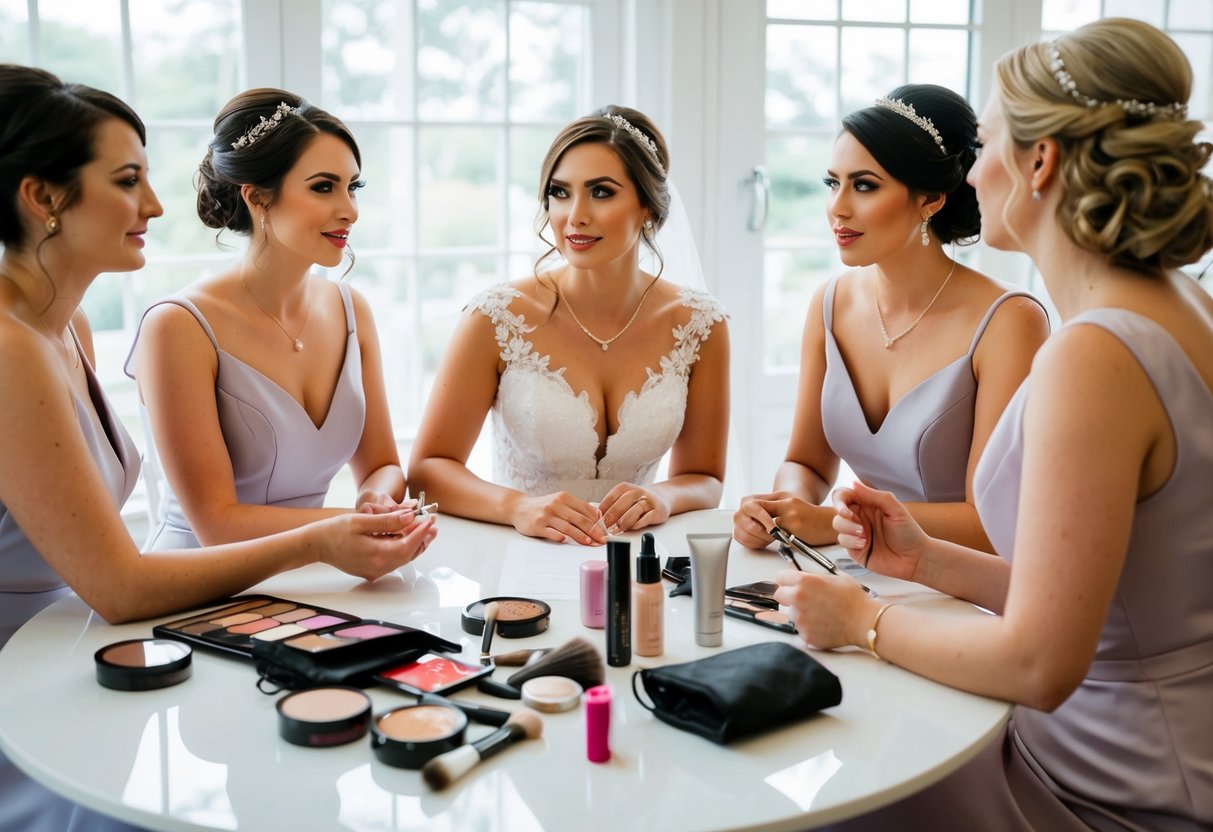 A bride and bridesmaids sit in a circle, discussing wedding details. Makeup and hair products are scattered on a table