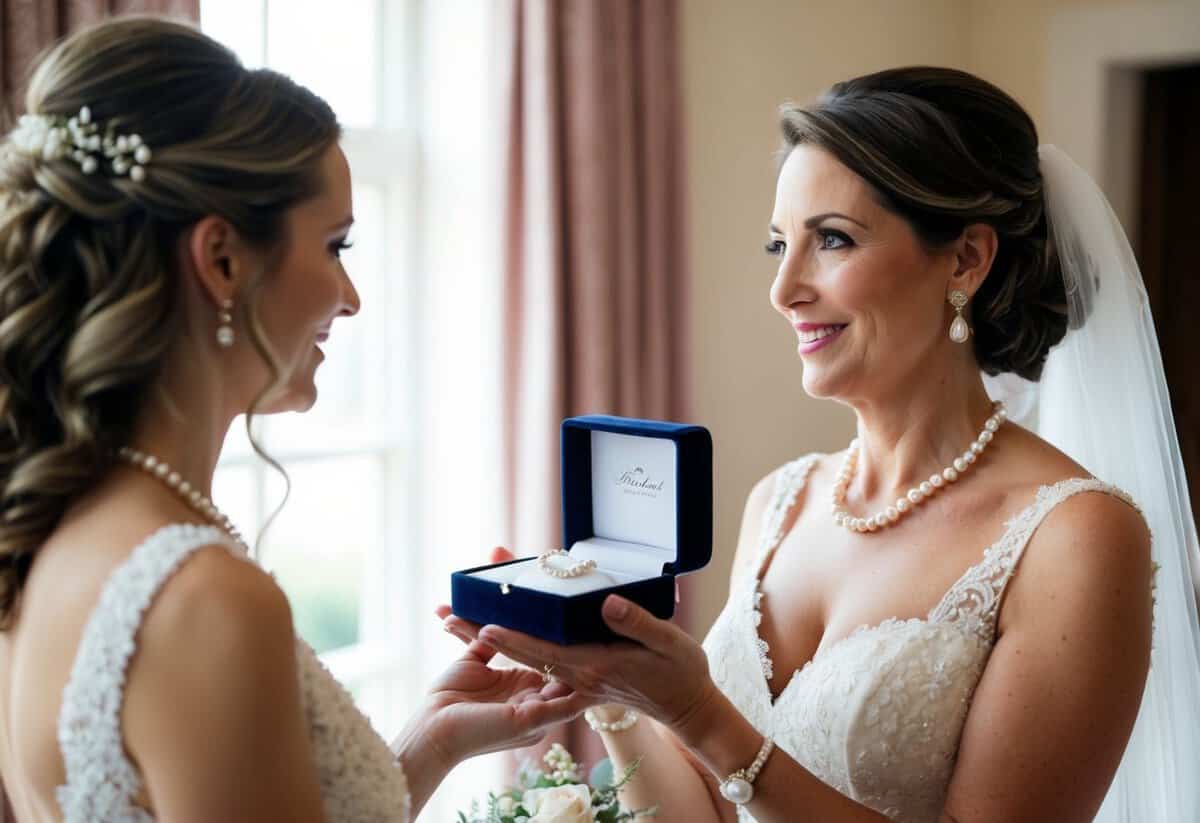The mother of the groom presents the bride with a delicate pearl necklace in a velvet box