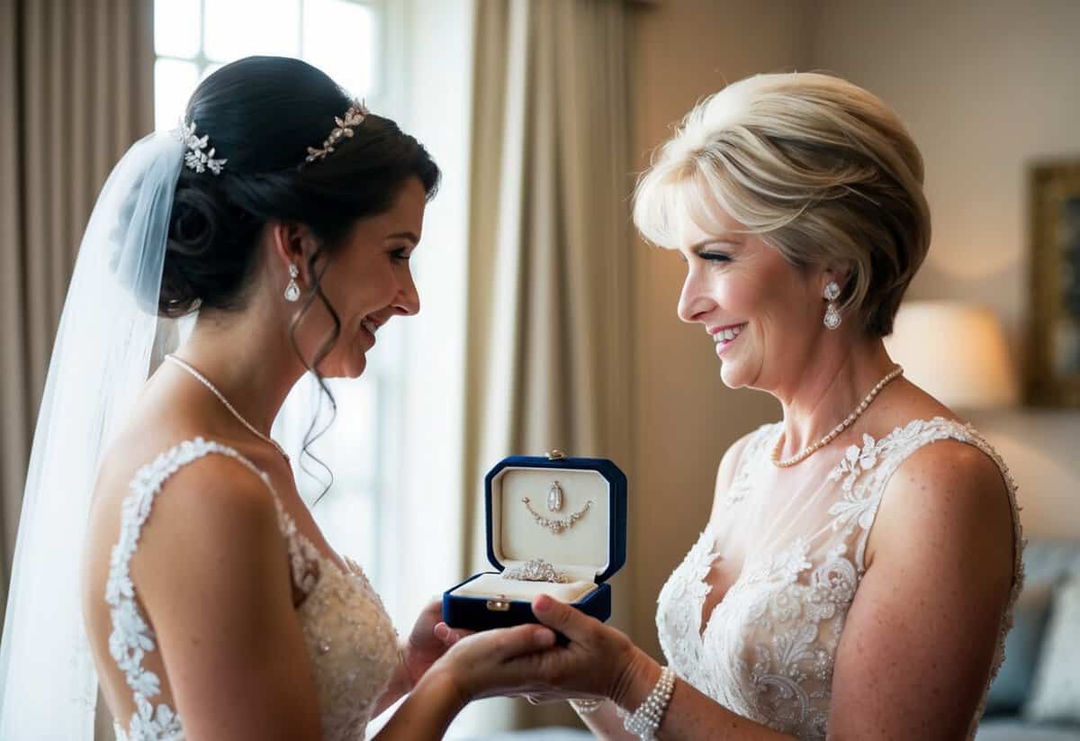 The mother of the groom presents the bride with a delicate, ornate jewelry box containing a family heirloom as a symbol of financial and planning contributions