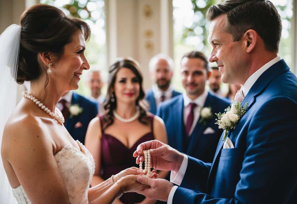 The mother of the groom presents a delicate pearl necklace to the bride during the wedding ceremony
