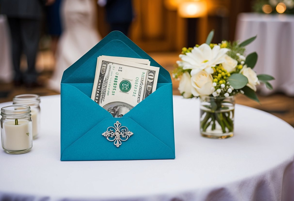 A decorative envelope with cash inside placed on a gift table at a wedding reception