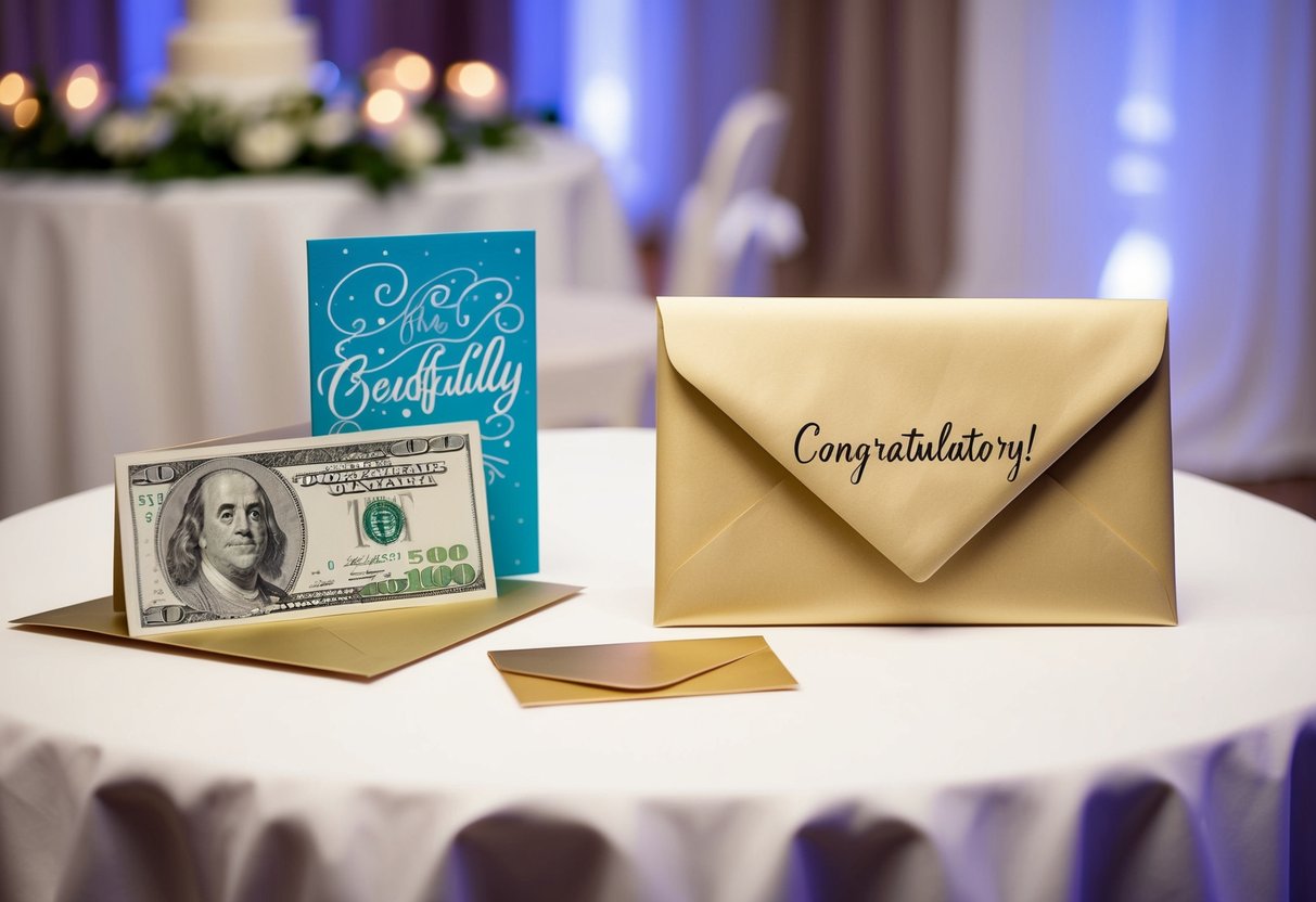 A beautifully wrapped envelope of cash placed next to a congratulatory card on a elegantly decorated gift table at a wedding reception