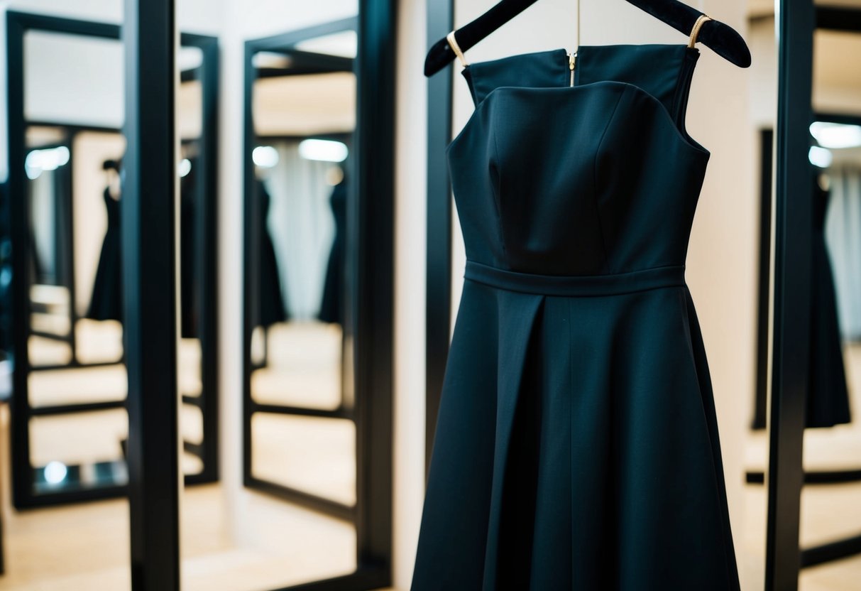 A black A-line dress hanging on a mannequin, surrounded by mirrors