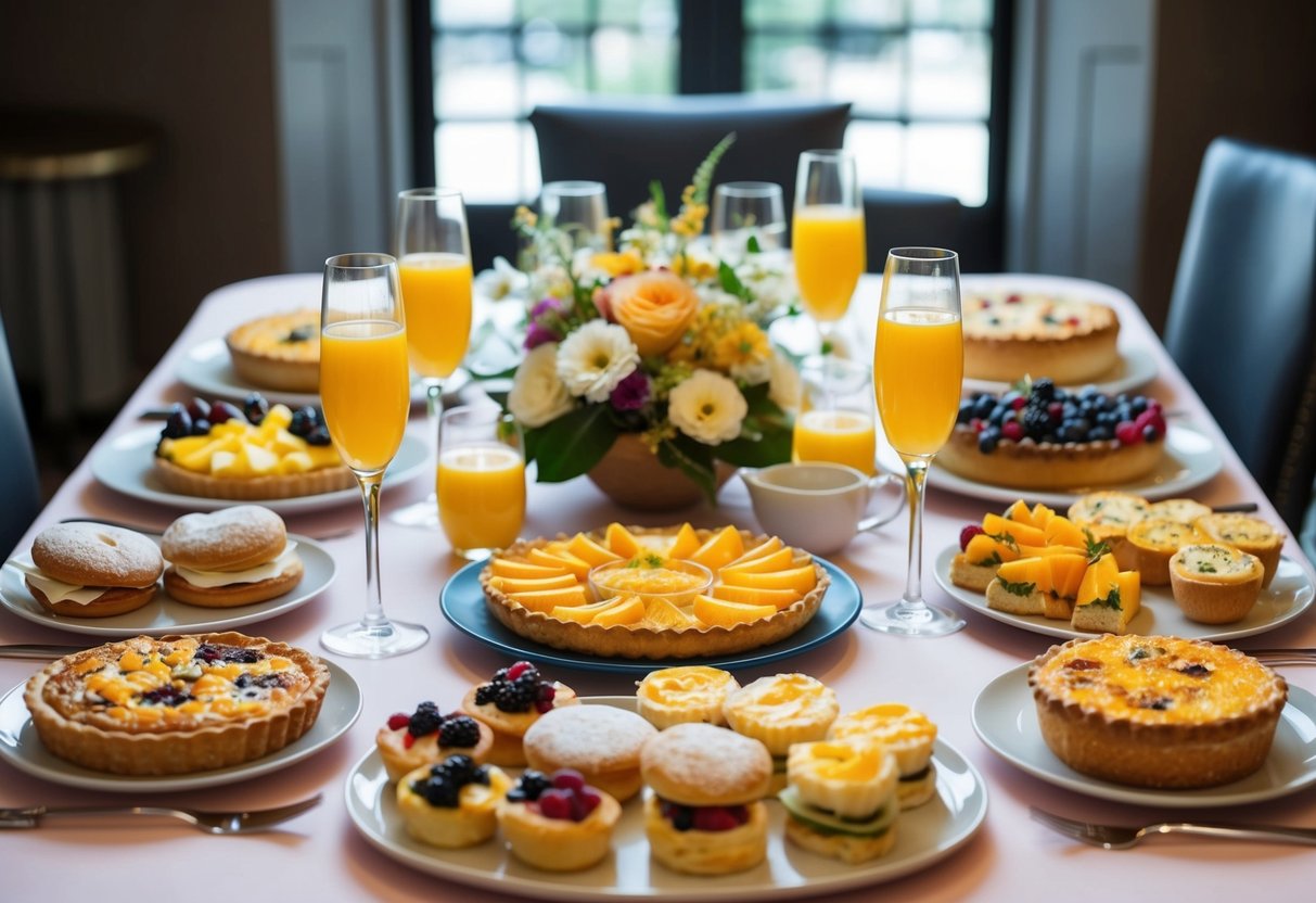 A table set with a variety of pastries, fruit platters, quiches, and finger sandwiches. Mimosa glasses and a floral centerpiece complete the brunch spread