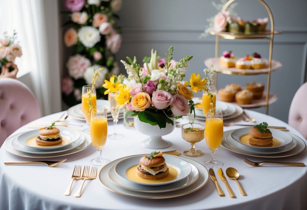 A table set with elegant brunch dishes and a variety of beverages, including mimosas and tea, surrounded by floral decorations and delicate tableware