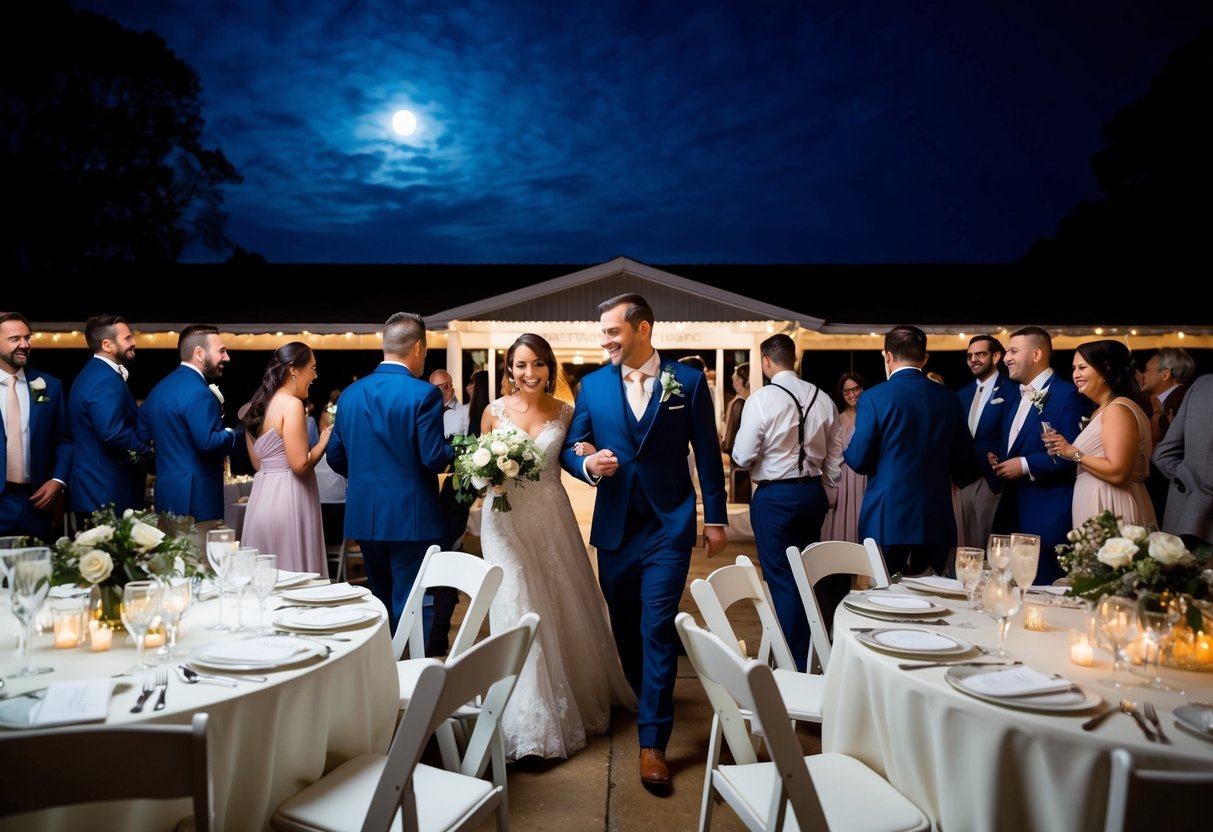 Guests exiting wedding venue under moonlit sky. Half-empty glasses on tables, music fading. Few stragglers chatting near entrance