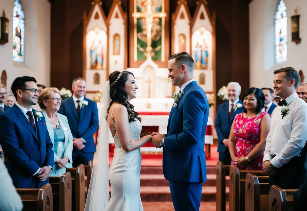 A bride and groom exchange vows at the altar while guests watch in a decorated church