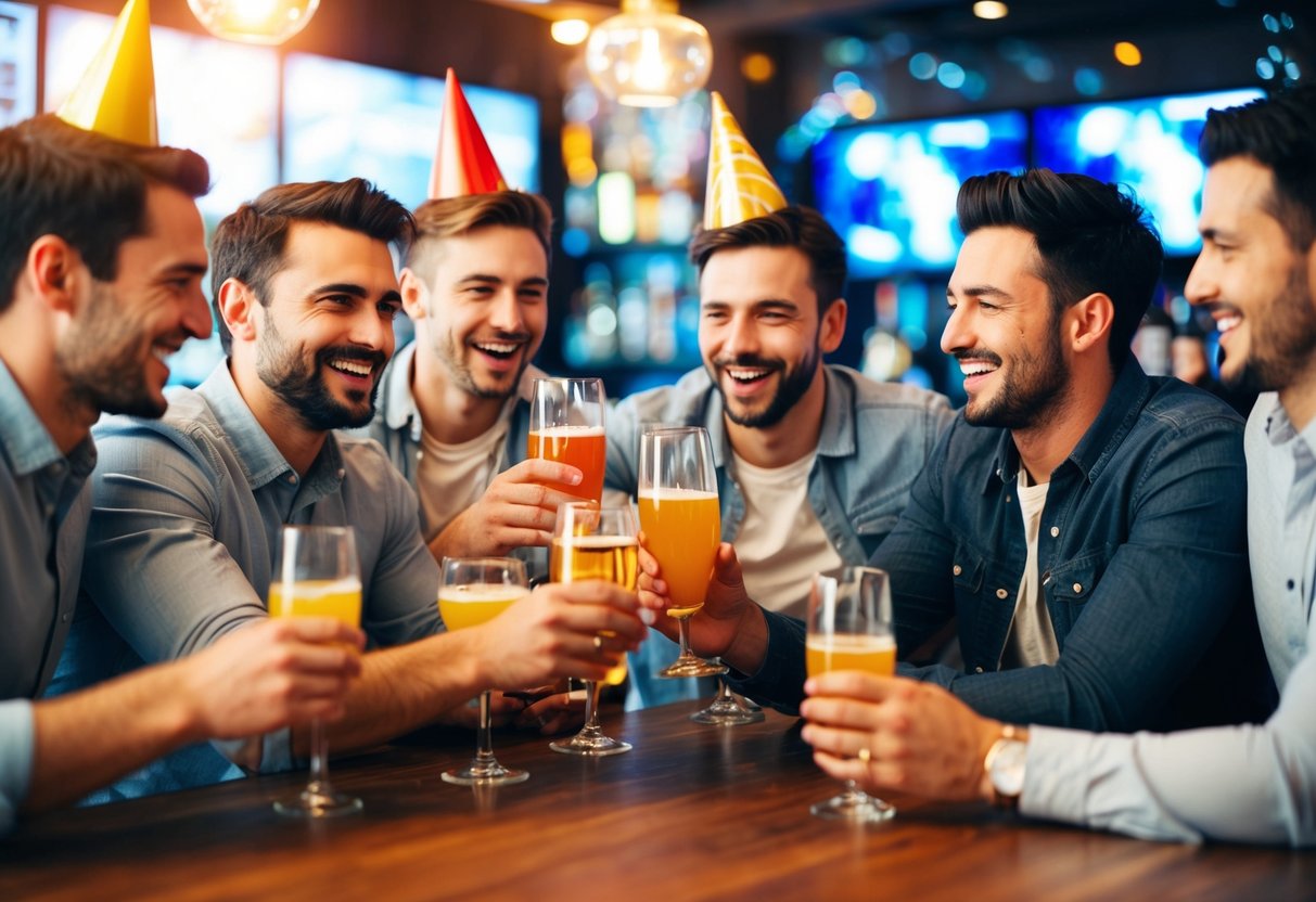 A group of men celebrating at a bar, with drinks, laughter, and a festive atmosphere