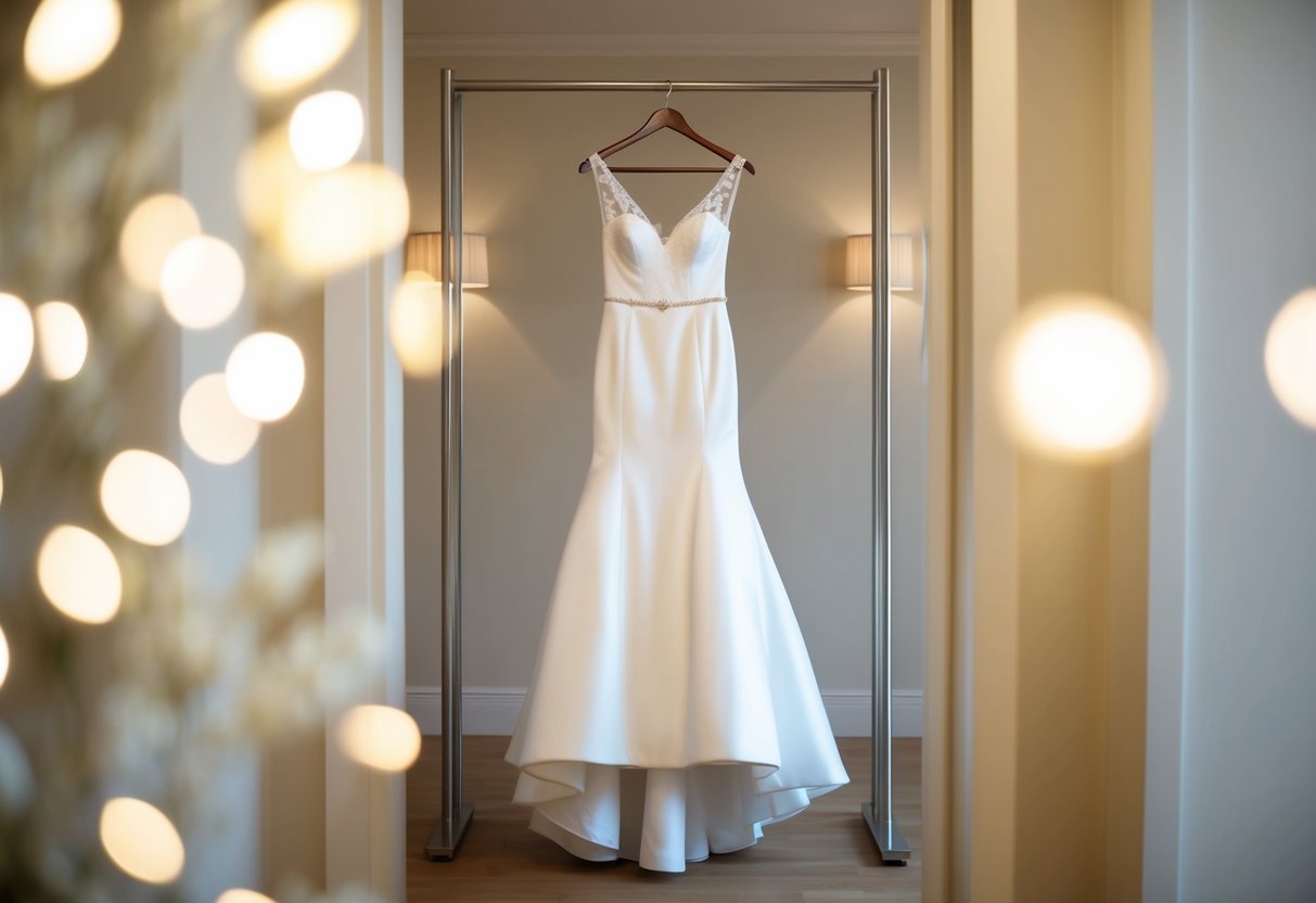 A wedding dress hanging on a sleek, modern clothing rack, surrounded by soft, romantic lighting and elegant decor