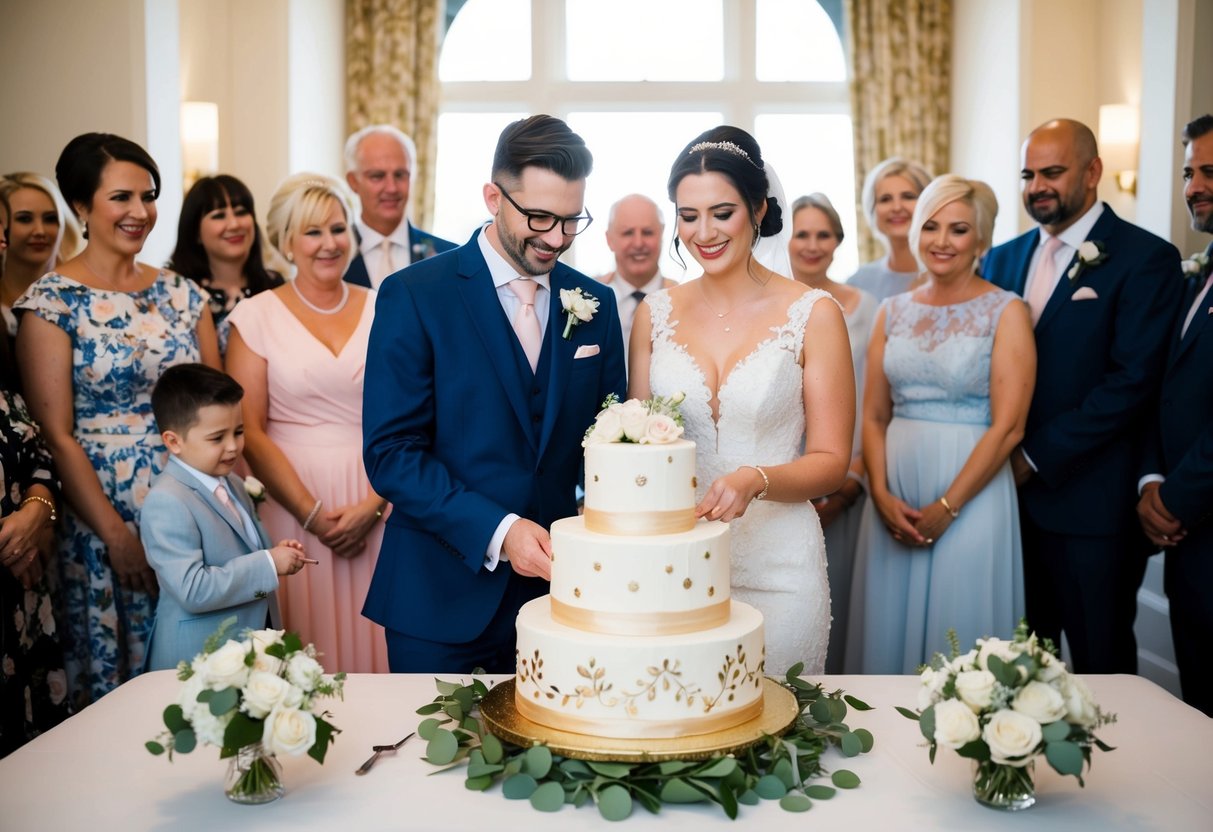 A couple stands in front of a beautifully decorated wedding cake, surrounded by friends and family, as they prepare to cut into it on their first anniversary