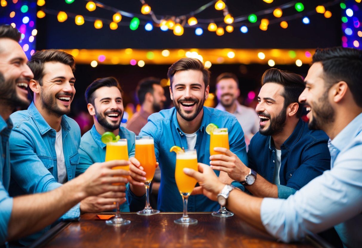 A group of men celebrating with drinks and laughter at a lively bar, surrounded by colorful decorations and bright lights